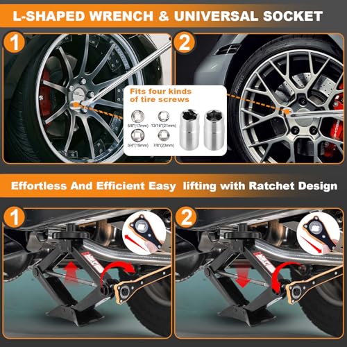 Emergency Car Jack Kit for Tesla Model Y/3/S/X, Sedan, SUV, MPV, 2.5 Ton/5512lbs Scissor Jack,180° Reversible Saddle,Tire Change Tool Kit – No Rubber Pad Needed,Car Repair Kit with Lug Wrench