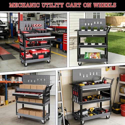 AIRAJ 3 Tier Rolling Tool Cart On Wheels, Mechanic Tool Cart,Industrial Utility Cart with Drawers & Pegboard,440 LBS Heavy Duty Tool Storage Work Cart for Garage, Workshop, Factory and Repair Shop