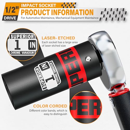 1/2" Drive Impact Socket, 1 inch Deep Socket, SAE, 6 Point, CR-V, for Car Repair, Loosen the Fastening Nut - size: 1/2" Drive 1 Inch Deep