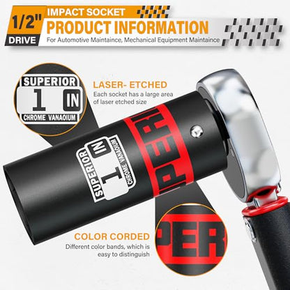 1/2" Drive Impact Socket, 1 inch Deep Socket, SAE, 6 Point, CR-V, for Car Repair, Loosen the Fastening Nut - size: 1/2" Drive 1 Inch Deep
