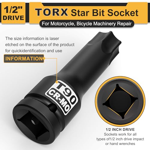 1/2" Drive T90 Torx Bit Socket, Star Bit Socket, CR-MO Steel, Motorcycle, Bicycle Machinery Repair - size: 1/2" T-90 Deep