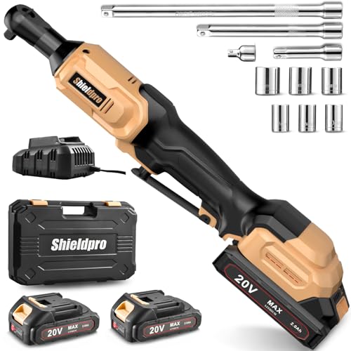 20V Electric Ratchet Wrench Set, 3/8" Cordless Ratchet Kit 400RPM, Torque Ratchets, LED Light, 2 Batteries, Fast Charger, Sockets, Adapters, Extension Bars (Yellow) - color: Yellow