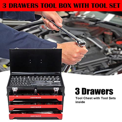 339 Piece Kits Tool Set Heavy Duty Metal Mechanic Box,Tool Box with Handle 3-Drawer and Top Storage, Drawers Tool Case for Garage, Warehouse, Workshop Maintenance, Repair Shop(Black&Red) - size: 439pcs - Black&Red