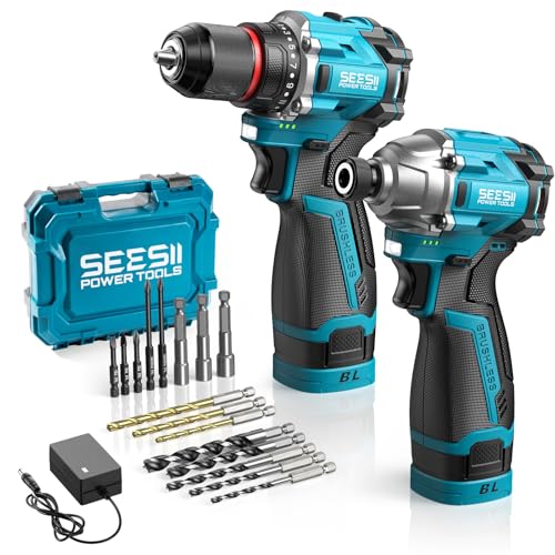 SEESII Cordless Drill Impact Driver 16.8V Brushless Power Tool Combo Kits 2x 2.0Ah Batteries w/Charger, 16-Pc Bits, Tool Bag, 3/8'' Drill & 1/4'' Impact Driver for Home DIY, Woodworking (Blue) - color: Blue