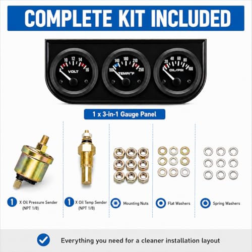 2" 52mm Triple Gauge Set, Oil Pressure Gauge | Water Temp Gauge, Voltmeter, 12V Car Truck Boat Marine - color: WHITE