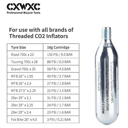 CXWXC CO2 Inflator with 4 x 16g CO2 Cartridges & Tubeless Tire Repair Kit - Presta/Schrader Valve Compatible - Bicycle Tire Pump for Road and Mountain Bikes