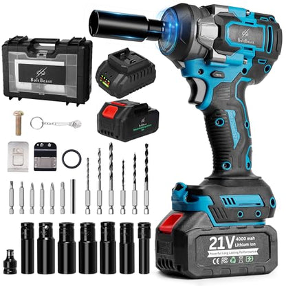 500N.m Brushless Cordless 1/2" Impact Wrench 3500RPM 21V Tool | 21V battery, 4000mAh battery, fast charger, LED work light, 7 sockets, 6 drill bits, 6 screwdrivers, waist hook, storage case