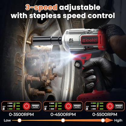 Eioehtl Cordless Impact Wrench 1200Nm, Impact Driver & Impact Drill 1/2" Brushless Power Tool with 2×4.0Ah Batteries, 5 Sockets, 8 Drill Bits, 5 Driver Bits, Extension Bar & Adapter for Car, Van & DIY