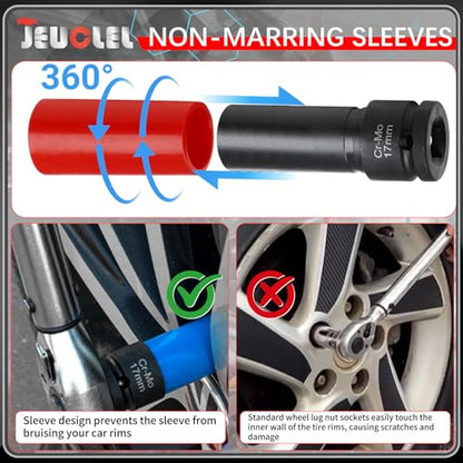 7PCS 1/2" Dr Wheel Protector Impact Socket & Lug Nut Socket Set, 17, 19, 21mm Lug Nut Remover Extractor Tools, 6 Point Non-Marring Lug Nut Thin Wall Deep Socket Wrench, Twist Socket CR-MO