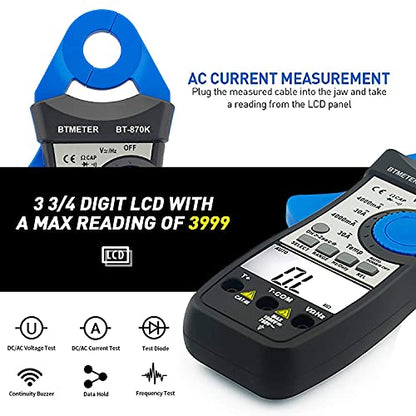 BTMETER Clamp Multimeter BT-870K, DC AC Digital Voltage Current Meter, Auto Electric DMM Tester Avometer for Volt Amp Ohm Hz Temp Diode Continuity