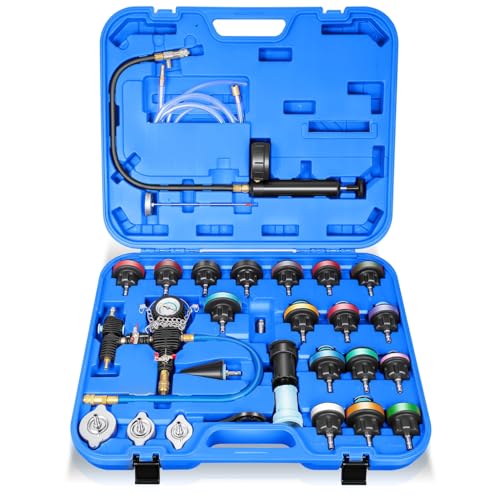 Auto Dynasty Coolant Pressure Tester Kit, 28Pcs Universal Radiator Pressure Tester Set for Cooling System, Automotive Coolant Vacuum Refill Tool Kit for Cars Motorcycles Trucks (Blue) - color: Blue