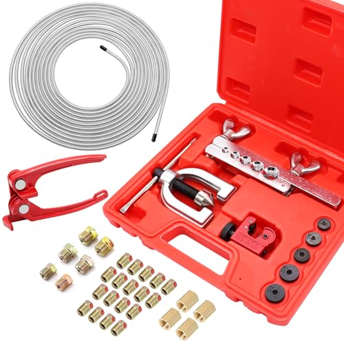 25 ft 3/16inch Zinc Coated Alloy Brake Line Kit(Includes 24 Fittings and 4 Unions) with Tube Bender and Double & Single Flaring Tool Kit - size: 3/16 Inch Silver, style: Brake Line Kit & Tube Bender