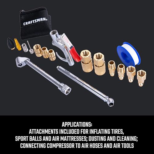 CRAFTSMAN 18-Piece Air Compressor Accessory Kit, Includes Blow Gun, Tire Inflator, Brass Fittings, and Storage Bag