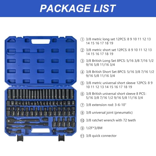 Pneumatic Accessory Kit — Comprehensive Air Tool Socket & Extension Set with Ratchet, Universal Joint, Blow-Mold Case (Set 1) - color: Set 1