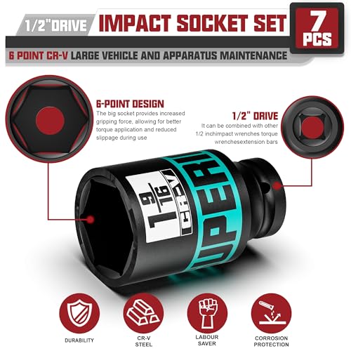 7pcs 1/2" Drive Impact Socket Set, SAE Axle Nut Sockets,1-3/8" to 1-3/4" Thicker Jumbo Sockets, Socket Set, 6 Point, Cr-V, for Mechanics, Durable Professional Tool Kit - size: 1/2" 7pcs