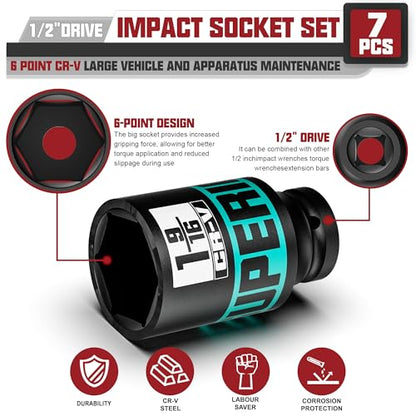 7pcs 1/2" Drive Impact Socket Set, SAE Axle Nut Sockets,1-3/8" to 1-3/4" Thicker Jumbo Sockets, Socket Set, 6 Point, Cr-V, for Mechanics, Durable Professional Tool Kit - size: 1/2" 7pcs