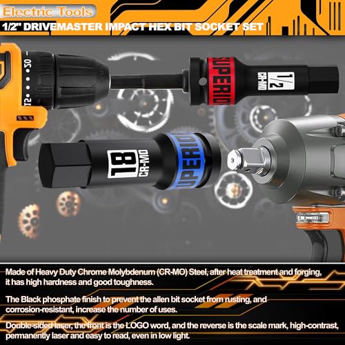 1/2" Drive Master Impact Hex Bit Socket Set, Metric & SAE, 20-Piece 1/2 Inch Drive Impact Allen Bit Socket Set, 5mm - 19mm & 1/4" - 3/4", Cr-Mo Steel, Heavy Duty Storage Case - size: 20 Pcs Metric & SAE