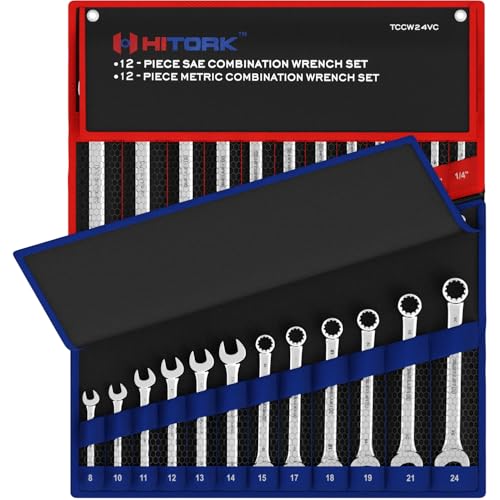 Hitork 24-Piece Combination Wrench Set, SAE (1/4"–1") & Metric (8–24mm), Cr-V Steel, Mirror Chrome Finish, 12-Point Box End, 15° Offset, with Roll Pouch – Ideal for Home, Garage & Auto Repair - style: 24 Piece Set SAE & Metric