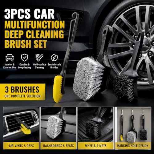 3 Pcs Car Wheel & Tire Cleaning Brush Set, Soft & Medium Bristle Brushes for Auto Detailing, Long Handle Rim and Barrel Cleaning Kit for Cars, Trucks and SUVs
