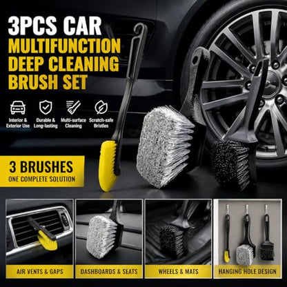 3 Pcs Car Wheel & Tire Cleaning Brush Set, Soft & Medium Bristle Brushes for Auto Detailing, Long Handle Rim and Barrel Cleaning Kit for Cars, Trucks and SUVs