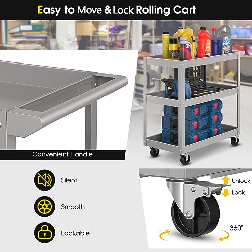 IRONMAX 3-Tier Utility Service Cart, 400 Lbs Heavy Duty Metal Trolley Rolling Cart w/Ergonomic Flat Handle, Lockable 360°Swivel Wheels, Chic Mechanic Tool Cart for Garage Warehouse & Repair Shop - color: Gray