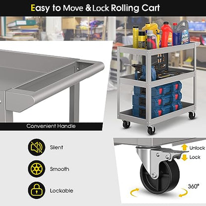 IRONMAX 3-Tier Utility Service Cart, 400 Lbs Heavy Duty Metal Trolley Rolling Cart w/Ergonomic Flat Handle, Lockable 360°Swivel Wheels, Chic Mechanic Tool Cart for Garage Warehouse & Repair Shop - color: Gray