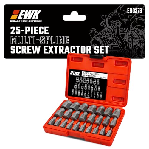 EWK 25-Piece Multi-Spline Screw Extractor Set, CR-MO Easy Out Bolt and Screw Remover for Stripped Screws, Rounded Bolts, Damaged Hex Heads, Broken Studs, and Rusted Fasteners - style: 25 Pcs Screw Extractor