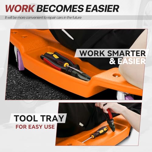 Mechanic Creeper 47 Inch, Low Profile Under Car Rolling Creeper with Padded Headrest and Tool Trays, 300 LBS Capacity, Ergonomic Body Design, Orange
