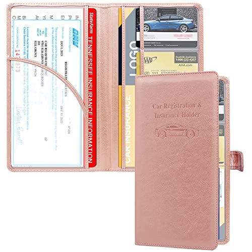RSAquar Car Registration and Insurance Holder, Leather Car Glove Box Organizer, Cool Car Accessories for ID, Driver's License Cards & Essential Document, Men&Women, Rose Gold - color: Rose Gold