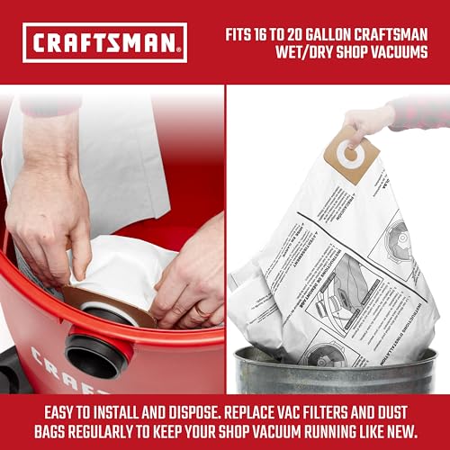 CRAFTSMAN CMXZVBE38749 Genuine 16-20 Gal. Wet Dry Vac Dust Collection Bags | For General Debris, Fits Most 16 and 20 Gallon CRAFTSMAN Shop Vacuums, Collects Dry Only Debris, Reduces Cleanup Time, 3-Pack - style: 16-20 Gallon General Purpose