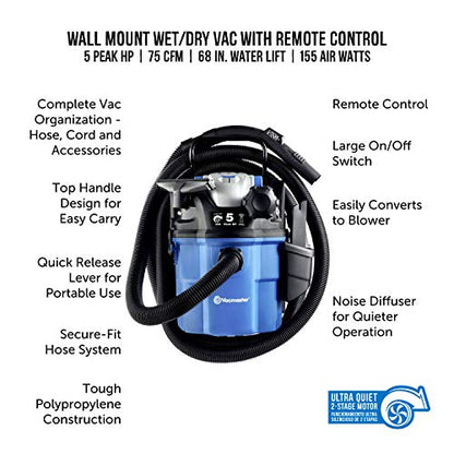 Vacmaster VWM510 5-Gallon 5 Peak HP Remote Control Wall Mount Wet/Dry Shop Vacuum , Blue