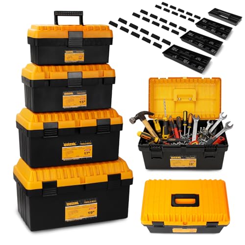 4 Pack Heavy Duty Plastic Tool Box Set, Stackable Portable Boxes, 13-19" | Removable Trays, Nesting, Adjustable Dividers, 50 lb Capacity, Modular Storage, Stackable, Garage, Workshop, Jobsite, Home