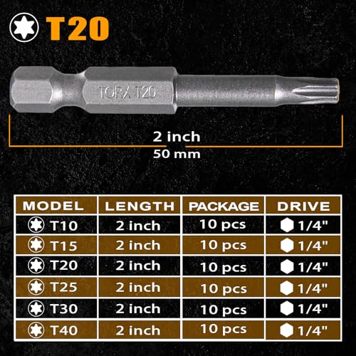 2 Inch T20 Torx Bits, S2 Steel Star Screwdriver Bits, 1/4" Hex Shank, CNC Precision Tips, 10-Pack in Slide-Out Storage Case, Impact Driver/Drill Compatible - size: T20