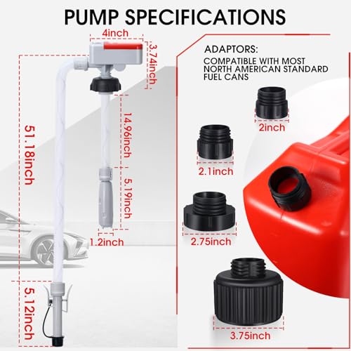 Fuel Transfer Pump with Auto-Stop Sensor-30s Alert Beep,3.2GPM,Overfill Protection,51"Hose Transfer Pump Battery Powered with 4 Tank Adapter,Portable Liquid Pump with Nozzle for Gasoline,Oil - color: Red&Grey