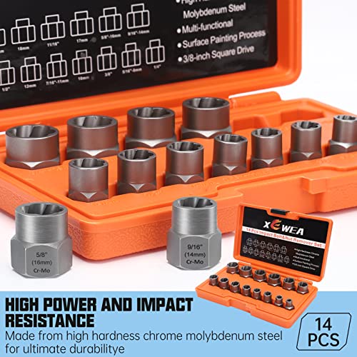 XEWEA 14PCS 3/8" Drive Impact Bolt Nut Extractor Set | Professional Stripped Bolt Remover Socket Set, Easy out Tools For Removing Damaged Broken Rounded Off Bolt & Nut, Cr-Mo Steel - size: 14PCS