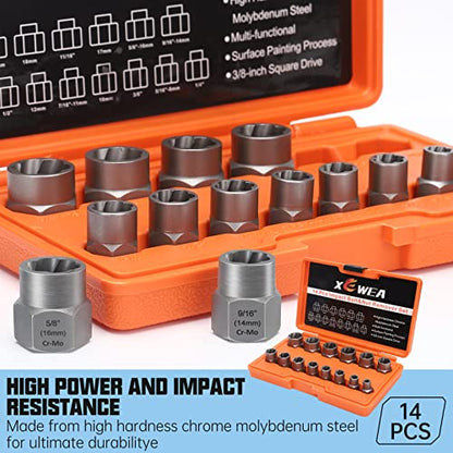 XEWEA 14PCS 3/8" Drive Impact Bolt Nut Extractor Set | Professional Stripped Bolt Remover Socket Set, Easy out Tools For Removing Damaged Broken Rounded Off Bolt & Nut, Cr-Mo Steel - size: 14PCS