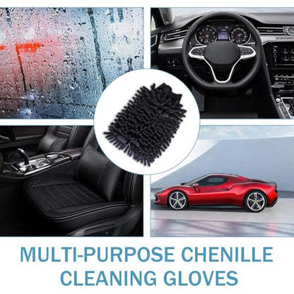 2 PCS Car Wash Mitt, Microfiber Chenille Double Sided Car Wash Gloves, Scratch-Free & Lint-Free Elastic Cuff Cleaning Gloves Kits, Clean Accessories for Cars Trucks and Household (Black)