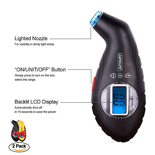 SAFELIFE Digital Tire Pressure Gauge 150 PSI 4 Settings with Backlit LCD and Non-Slip Grip (2package)
