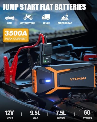 VTOMAN V10 3500A Jump Starter, Portable Car Starter (9.5L Gas,7.5L Diesel Engine) 12V Lithium Jump Box, Auto Battery Booster Power Pack, Car Battery Charger Jumper Starter with Type C Quick Charge