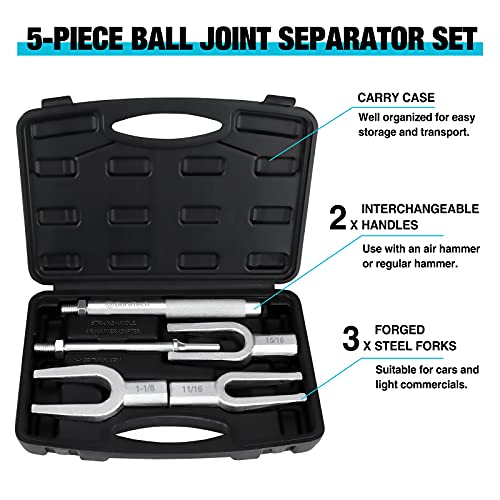 DURATECH 5-Piece Ball Joint Separator Set, Pickle Fork Tool Set | Tie Rod Removal Tool, 1-1/8", 15/16", 11/16", Ball Joint Fork for Cars and Light Vans, Air Hammer Compatible, with Suitcase