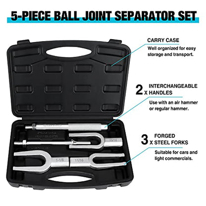 DURATECH 5-Piece Ball Joint Separator Set, Pickle Fork Tool Set | Tie Rod Removal Tool, 1-1/8", 15/16", 11/16", Ball Joint Fork for Cars and Light Vans, Air Hammer Compatible, with Suitcase