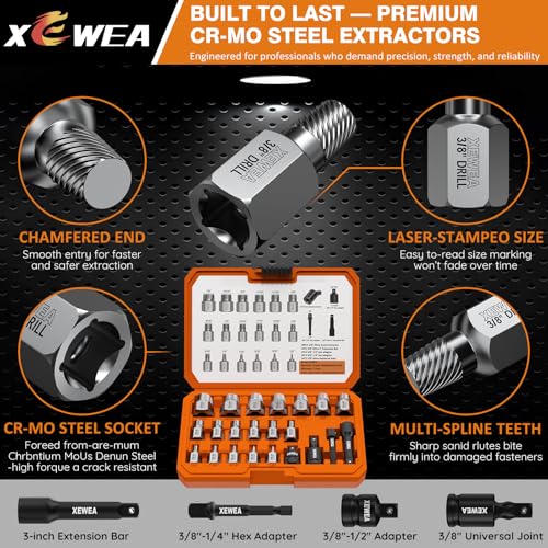 XEWEA 22PCS 3/8" Drive Screw Extractor Set, Bolt Remover Kit | Multi-Spline Easy Out for Stripped Broken Bolts, Nuts & Screws, Heavy-Duty CR-MO Extraction Tools with Extension & Adapter - size: 22PCS