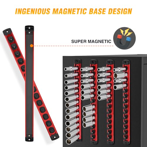GOOACC Magnetic Socket Organizer 3/8 Inch Socket Holder with 14 360° Swivel Clips Heavy Duty Aluminum Socket Rail Organizer for Tool Box Drawer, Red 1 Piece 3/8" Drive Magnetic Socket Rails Holders - size: Rail Magnetic 1PC 3/8" Red