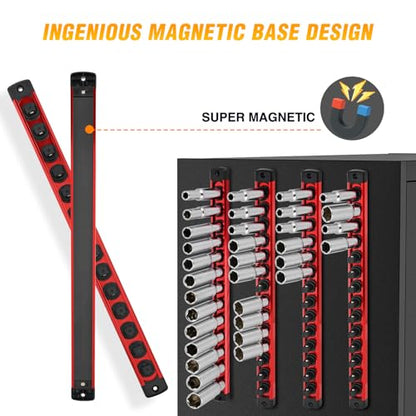 GOOACC Magnetic Socket Organizer 3/8 Inch Socket Holder with 14 360° Swivel Clips Heavy Duty Aluminum Socket Rail Organizer for Tool Box Drawer, Red 1 Piece 3/8" Drive Magnetic Socket Rails Holders - size: Rail Magnetic 1PC 3/8" Red