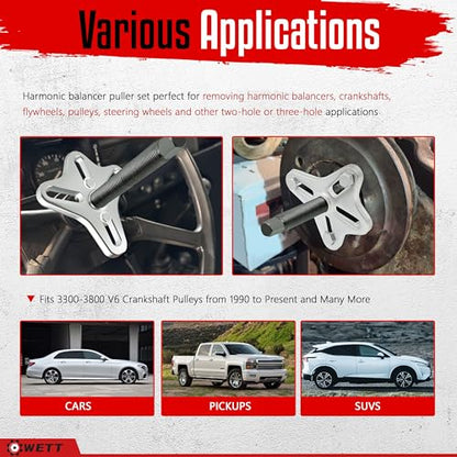 WETT Harmonic Balancer Puller Set, 47Pcs Power Steering Wheel Pulley Puller Installer Tool, Automotive Flange Type Gear and Crank Puller Set, Harmonic Balancers, Crankshaft Pulleys, Gears