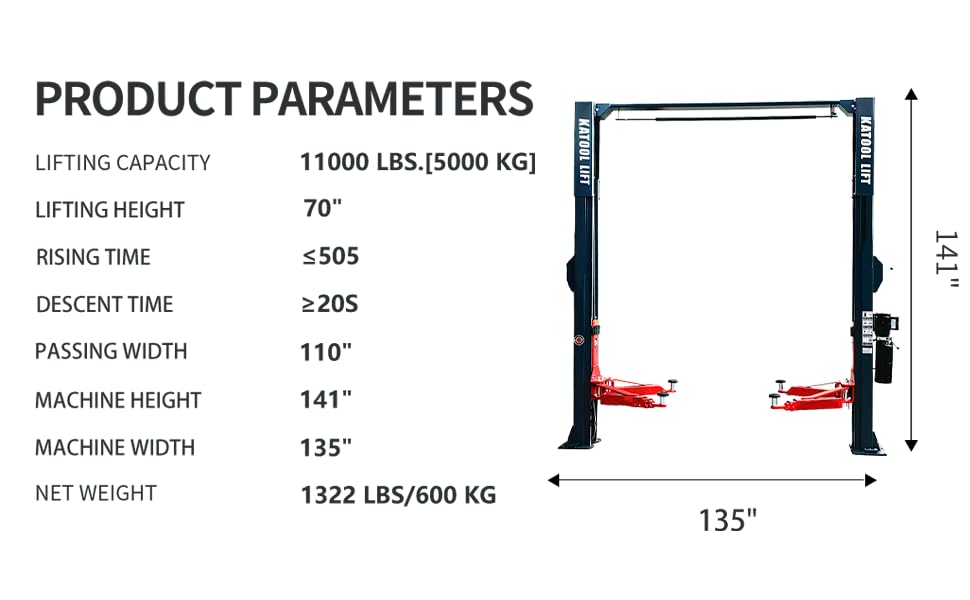 KATOOL 11000lbs Single Point Lock Release Direct Drive Two Post Lift Asymmetry Arm 3+2 Double S Design 2 Post Lift Auto Lift 2-Post Lift Clear Floor Car Lift, 220V