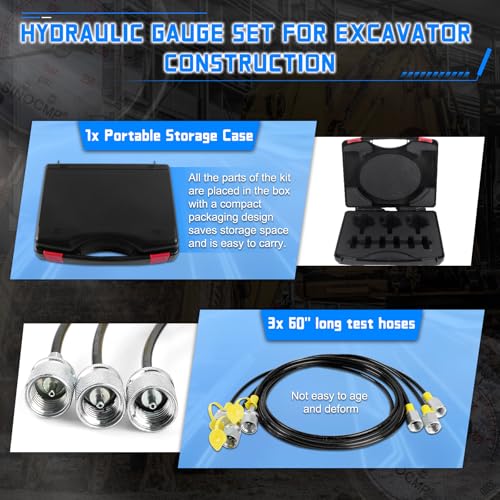 Hydraulic Pressure Test Kit with 3 Gauges 10/25/40 Mpa, 3 Long Hoses 6 Couplings Diagnosis Gauge Tester Set for Excavator Construction Engineering Machinery Equipment - size: Black 3 Gauges 6 Couplings
