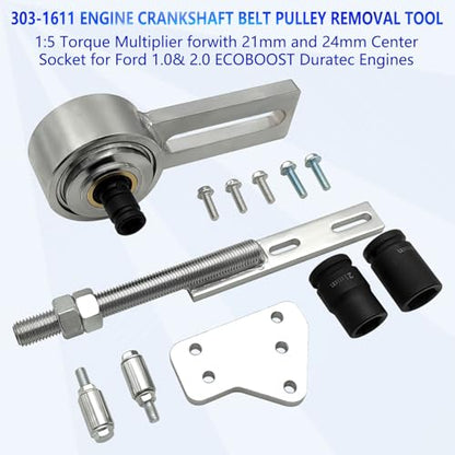 ZKTOOL Engine Crankshaft Belt Pulley Removal Tool - for Ford 1.0& 2.0 ECOBOOST Duratec Engines - 1:5 Torque Multiplier, 21MM/24MM 1/2-Inch Drive, OEM:303-1611 303-1611-01 303-1611-02