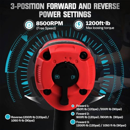 1/2'' Composite Air Impact Wrench, 1200 ft-lbs Torque, 4.08 lbs Lightweight | Variable Power Settings | 8500RPM Heavy Duty 1/2 Compact Air Impact Gun Pneumatic Impact Wrench for Auto Repair - size: 1/2 inch | 1200 ft-lbs