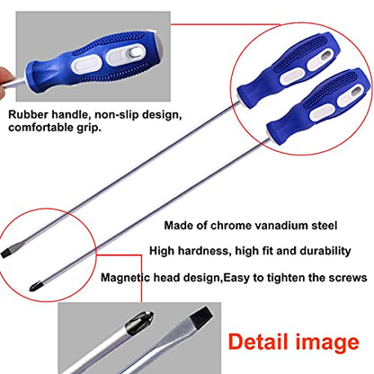 smseace 2-Pack 12-Inch Slotted & Phillips Screwdriver Set, Long Flat Blade & Cross-Head Design, Magnetic Extended Screwdriver With Rubber Handle